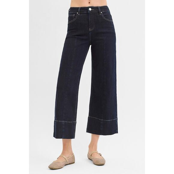 RISEN Tummy Control High Rise Seam Detail Solid Dark Crop Wide Leg Denim Jeans - Picture 6 of 7